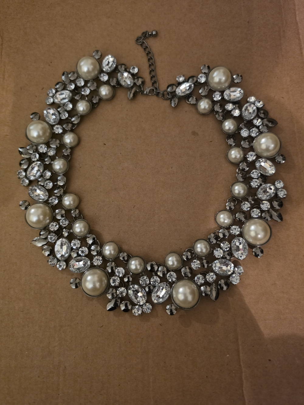 Crystal and Pearl Statement Necklace - Silver Tone